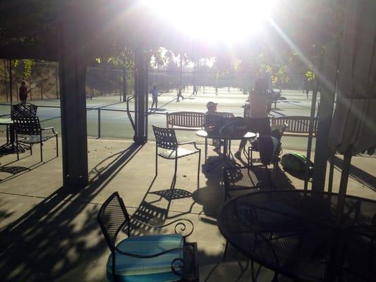 Patio overlooking courts.