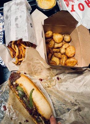 Cheesesteak and fried pickles