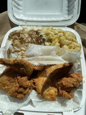 Fried chicken with mac and cheese and white rice and gravy