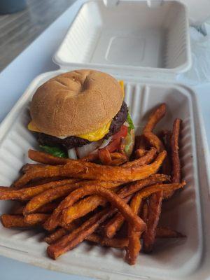 Chickpea burger with sweet potato fries.