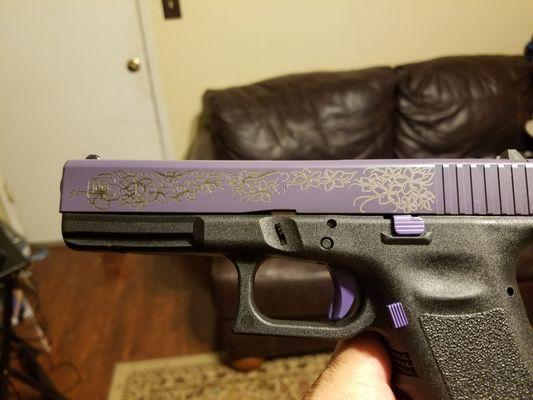 Laser engraved Glock slide. A customers' surprise Chistmas gift for his wife.