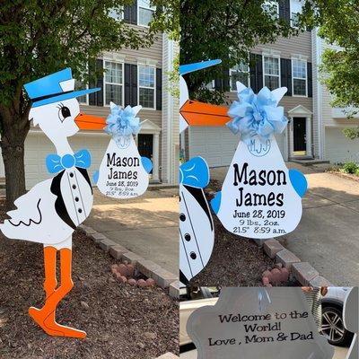 Leesburg Virginia Yard Stork Sign Rental Delivery with Personalized Bundle Keepsake left for parents when we pick up 6'Stork.