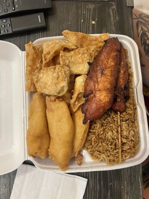 Combo A Freedom Pick #A - Fried Golden Wonton, Chicken Fingers, Chicken Teriyaki, Roast Pork Fried Rice