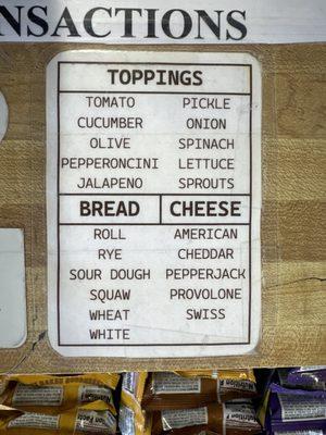 Options for sandwiches