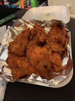 Chicken finger platter, fries under the foil.