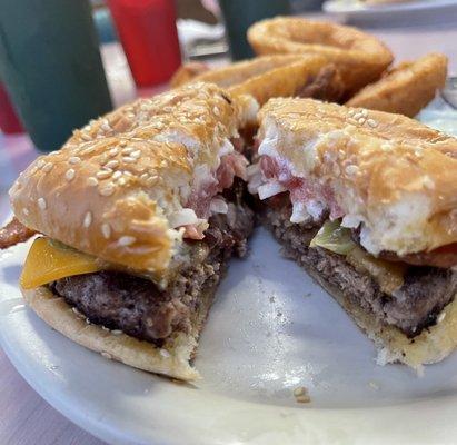 Split in half bacon cheddar cheeseburger