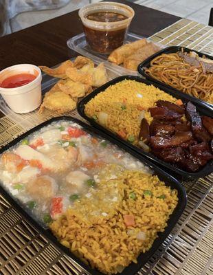 Shrimp with Lobster, Boneless spare ribs, Beef Lo mein, Cheese wontons, Hot and sour soup