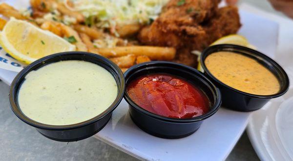 Beer-Battered Fish and Chips with spicy ranch, ketchup and citrus jalapeno aioli BOGO for HH