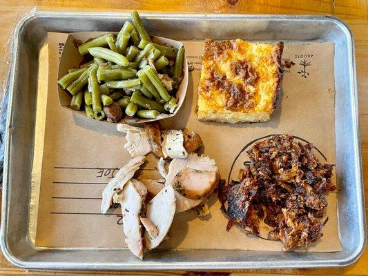 2x2 w/ Turkey (WAY TOO SALTY) Burnt Ends, Grit Cake and Green Beans