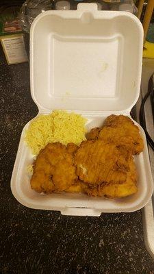 Grouper platter w/steamed rice & hush puppies. Six pieces of fish