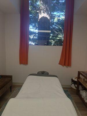 Journey Wellness treatment table with a view of the redwood tree. Unwind, return to yourself, and leave grounded & aligned.