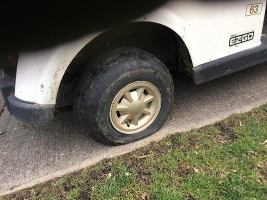 Flat tire and out of power at the 8th hole.  No one came to help or answered our calls at the club house.