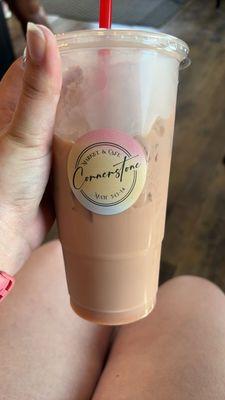 Large red raspberry & white chocolate iced latte