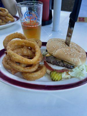 Nick's burger with onion rings was delicious