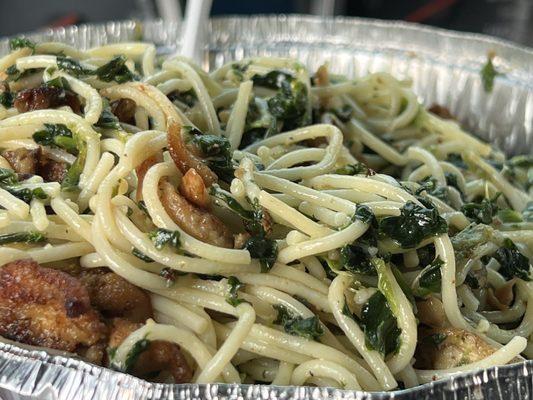 Medium Roasted garlic spaghetti spinach grilled chicken  $11 but price might have gone up