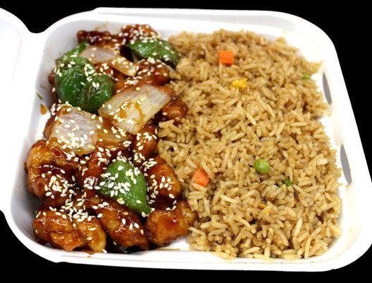 #15 Sesame chicken with 
 A. White rice $9. 
 B. Fried rice $10
 C. Lo Mein $13
 D. Chicken only. 
      S $6  L $9