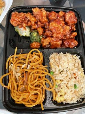 Orange chicken, chow mein and fried rice