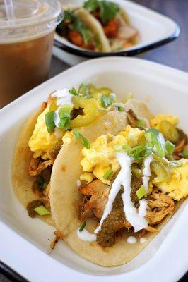 Buck Owens: tomatillo chicken, egg, sour cream, pickled jalapeno ($13). Horchata Latte.