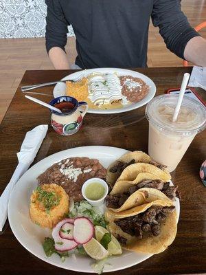 Steak tacos and chicken enchiladas with horchata.