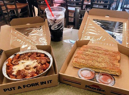 The Italian meats combo with breadsticks and drink 6/26/23 Now they put in pepperoni and sausage. Still baked Marinara sauce not meat sauce