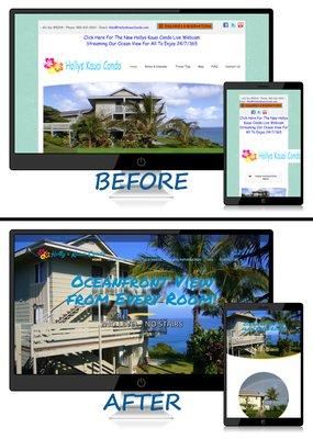 Before / After of Hollys Kauai Condo (no apostrophe). Complete redesign from HTML/CSS to WordPress. Full project details on OUR website!