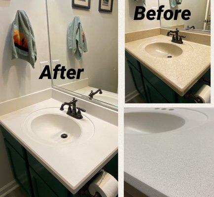 Before and after for resurfacing bathroom sink.