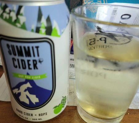 A bit blurry but the dry hopped cider from Summit Cider, purchased at Laughing Dog Brewing.