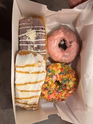 Blueberry pie long John, apple pie long John, Strawberry Icing Cake Donut and Strawberry Frosting with Fruity Pebbles