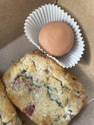 Gluten free raspberry white chocolate scone and a Oreo macaron