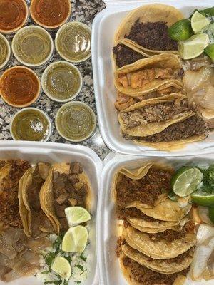 Top: barbacoa, chicharon, carnitas, fajita. Bottom left: pastor, lengua. Bottom right: pastor