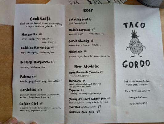 Menu at Taco Gordo, Burlington