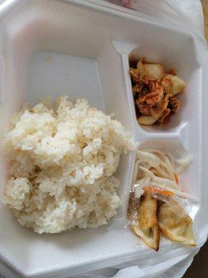 Rice, kimchi, dumpling, radish