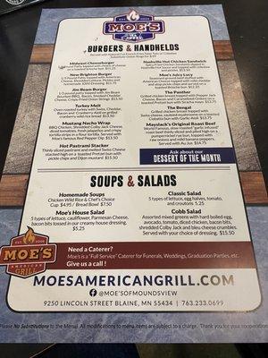 Back Side of Menu