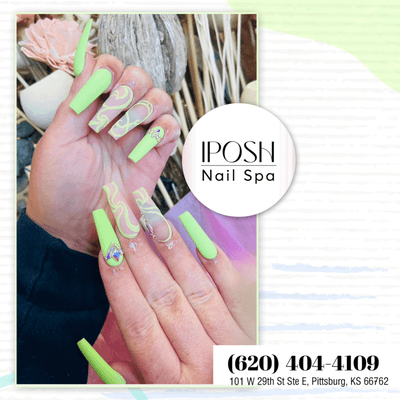 Embrace the beauty of nature with long green nails at iPosh Nail Spa!