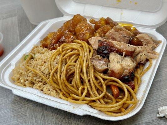 2 item combo, half/half, with orange chicken and bourbon chicken.