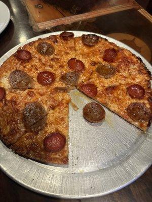 Pepperoni/sausage pizza. BEST SAUSAGE EVER!