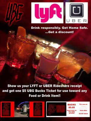 Show your UBER or LYFT Receipt for a $5 Discount! Try our Signature Cocktails!