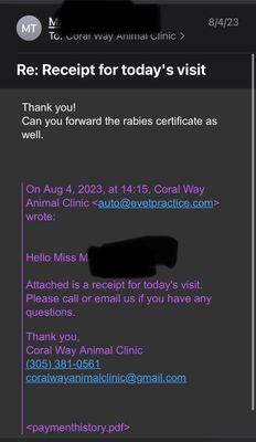 August 2023 yearly exam appointment with no rabies certificate