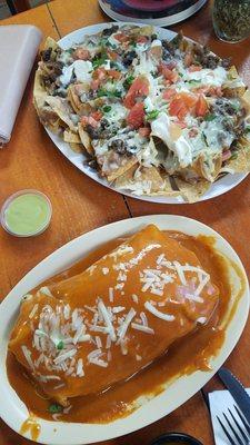 Asada wet burrito and asada nachos