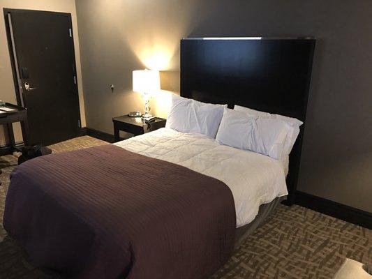 Another angle of the Queen bed and the room view of the entry door.