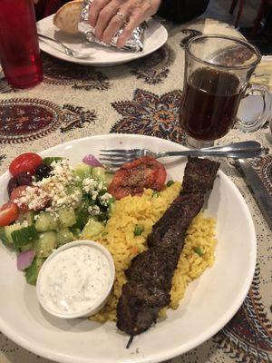 Lamb souvlaki dinner, and Persian tea with honey