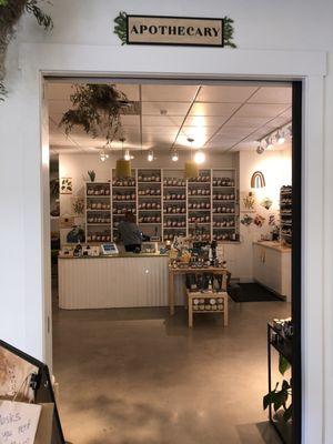 Amazing apothecary section with refillable teas, herbal supplements, first aide and more