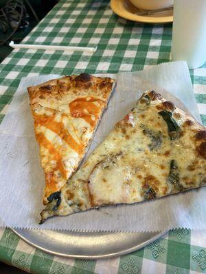 One slice of buffalo chicken pizza and one slice of tomato and spinach pizza.