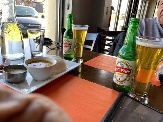 Idli appetizer and Kingfisher India beer