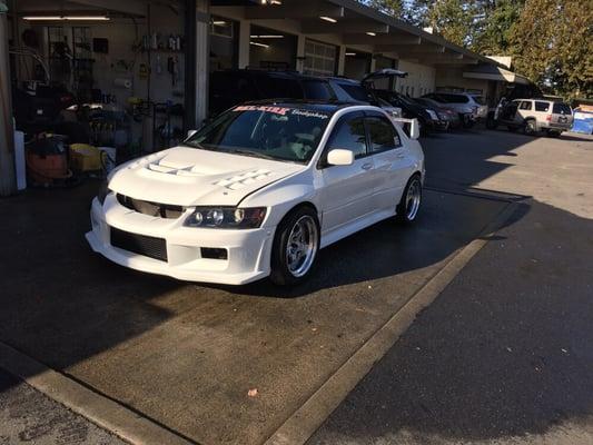 Bel-Kirk body shop Evo getting cleaned up for summer!  Custom wide body and full paint job was done last year!