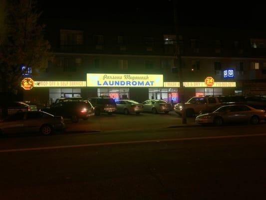 Store front at night.