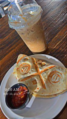 Breakfast taco, white chocolate mocha frappe