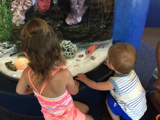 A huge fish tank keeps the kid occupied while waiting.