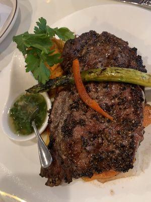 Peppercorn Ribeye Special w/Chimichurri sauce and mashed potatoes