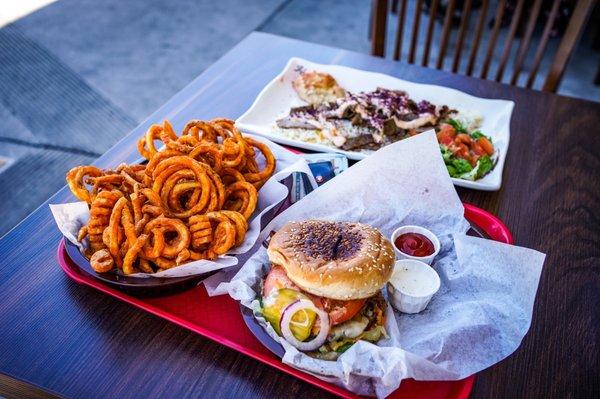 Falafel Flame Burger and Gyro Platter